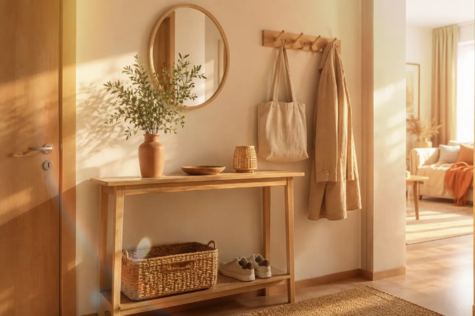 Small apartment entryway with a wooden console table, round mirror, wall hooks and a woven shoe basket