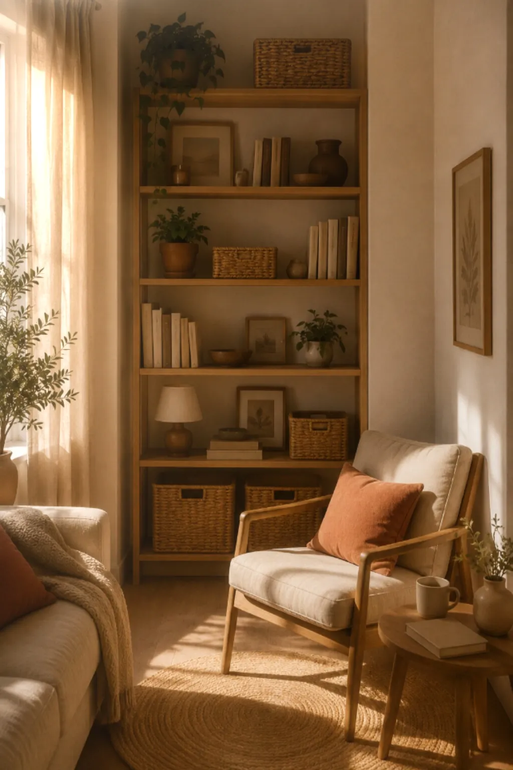 Tall wooden bookshelf styled with baskets, books and plants next to a cozy reading chair