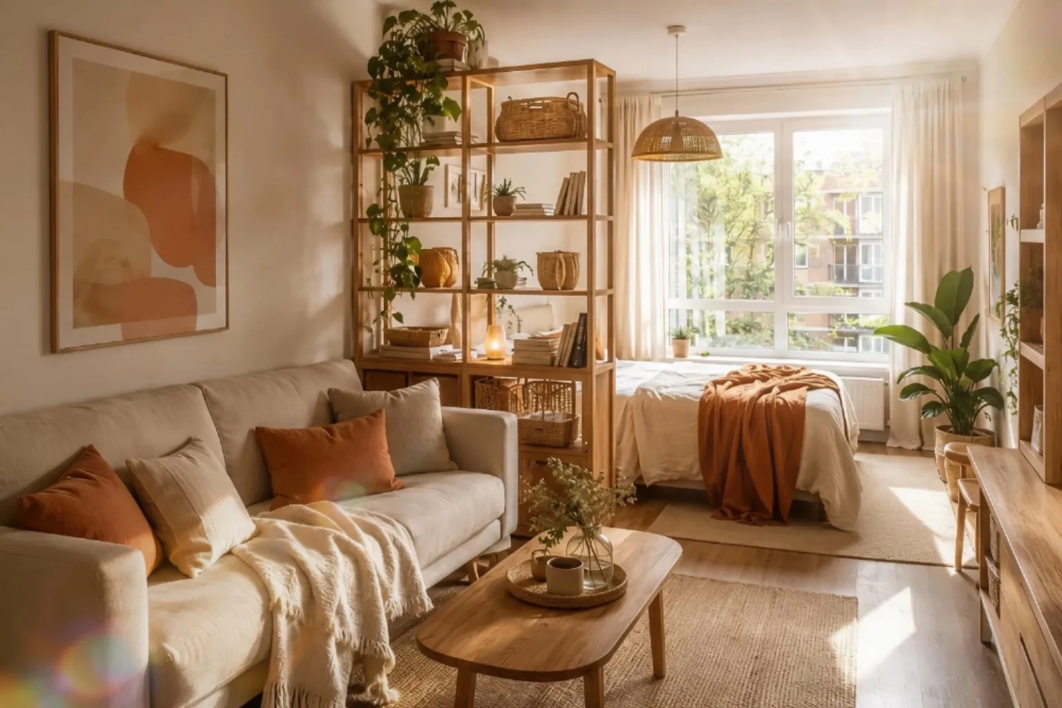 Small studio apartment with a cozy sofa, wooden room-divider shelving and warm natural light