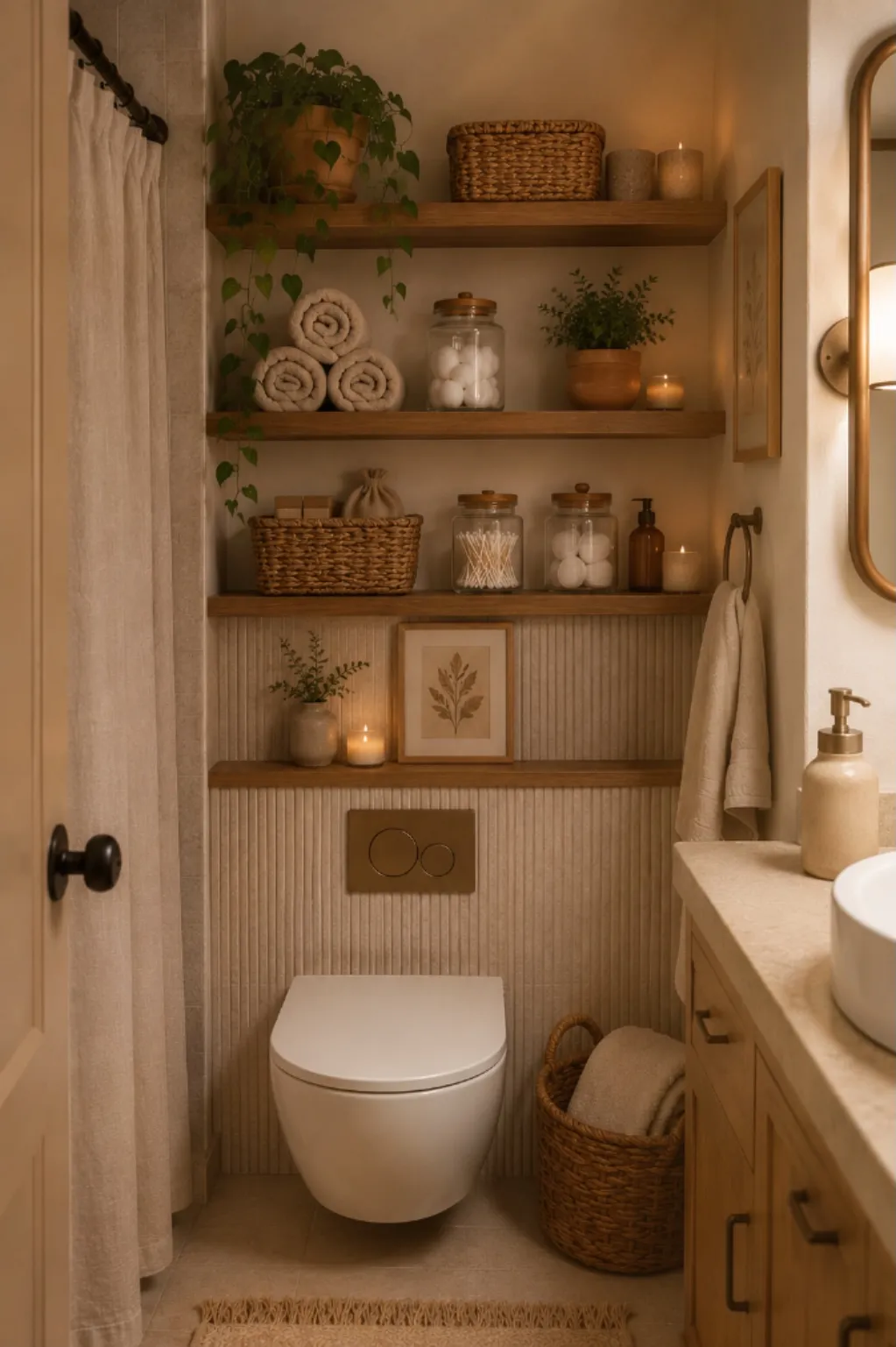 Small bathroom with wooden shelves above the toilet holding rolled towels, glass jars and a small plant
