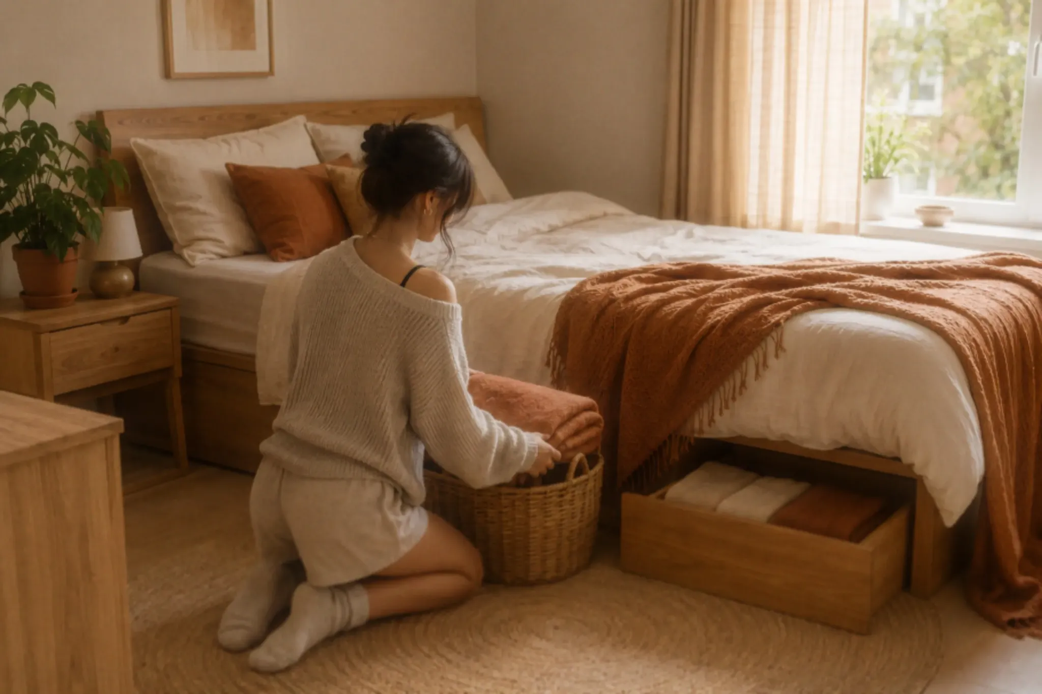 Under-bed storage drawer with folded linens, next to a bed with warm terracotta and cream bedding