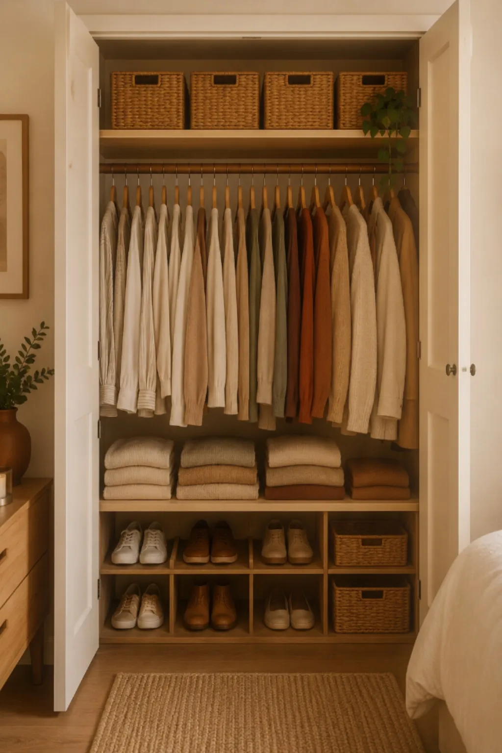 Small closet with clothes hung and sorted by color, folded sweaters on a shelf, and shoes organized in labeled cubbies below