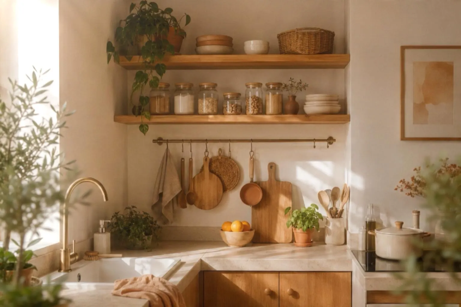 Small kitchen corner with open wooden shelves, glass jars, a hanging utensil rail and cutting boards